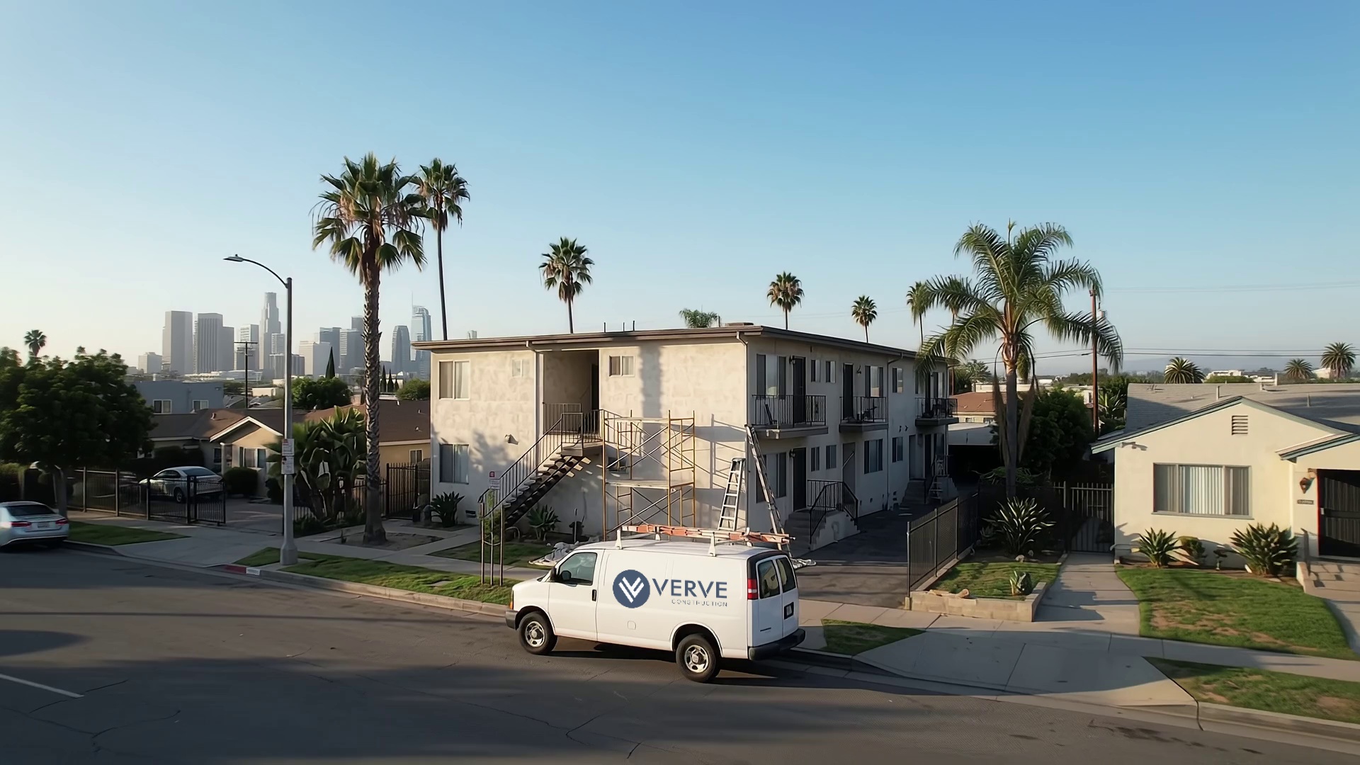 VERVE-branded van in front of a Los Angeles construction project